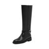 Krazing Pot Cow Skin Autumn Winter Shoes Riding Boots Round Toe Keep Warm Metal Square Buckle Med Heels Thigh High Boots