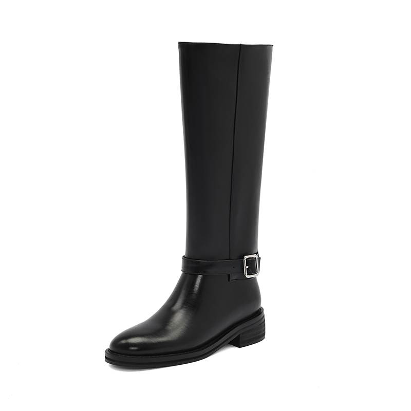 Krazing Pot Cow Skin Autumn Winter Shoes Riding Boots Round Toe Keep Warm Metal Square Buckle Med Heels Thigh High Boots