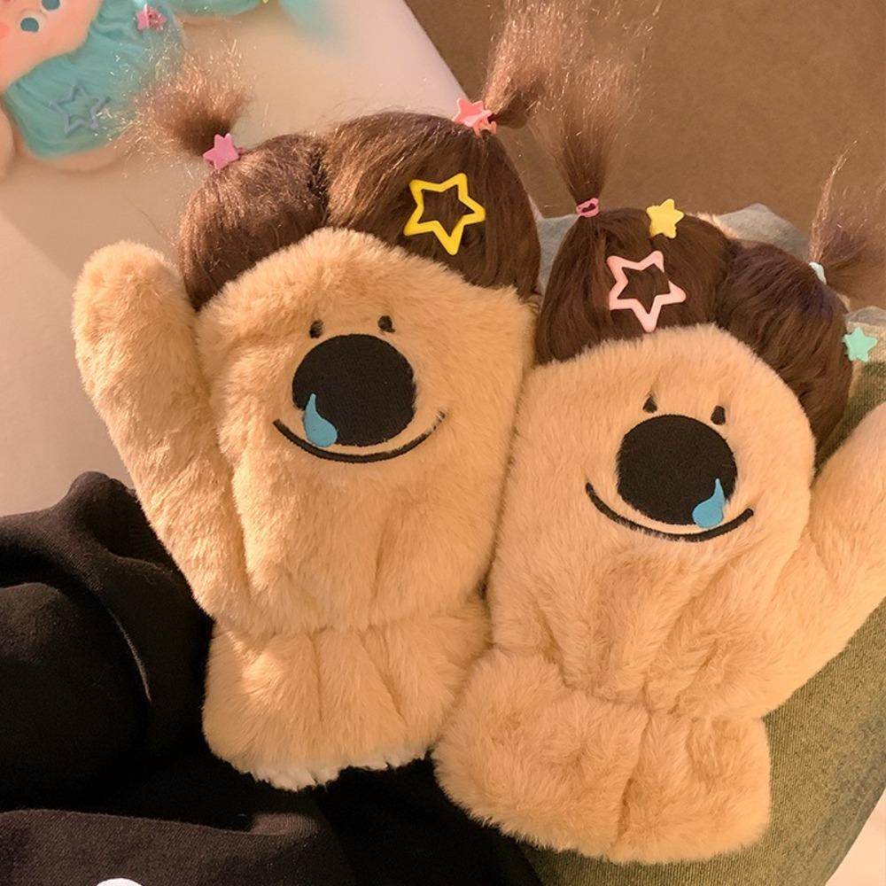 DIY Ponytail Cartoon Plush Gloves Keep Warm Neck Hanging Mittens Cute Fluffy Gloves Winter