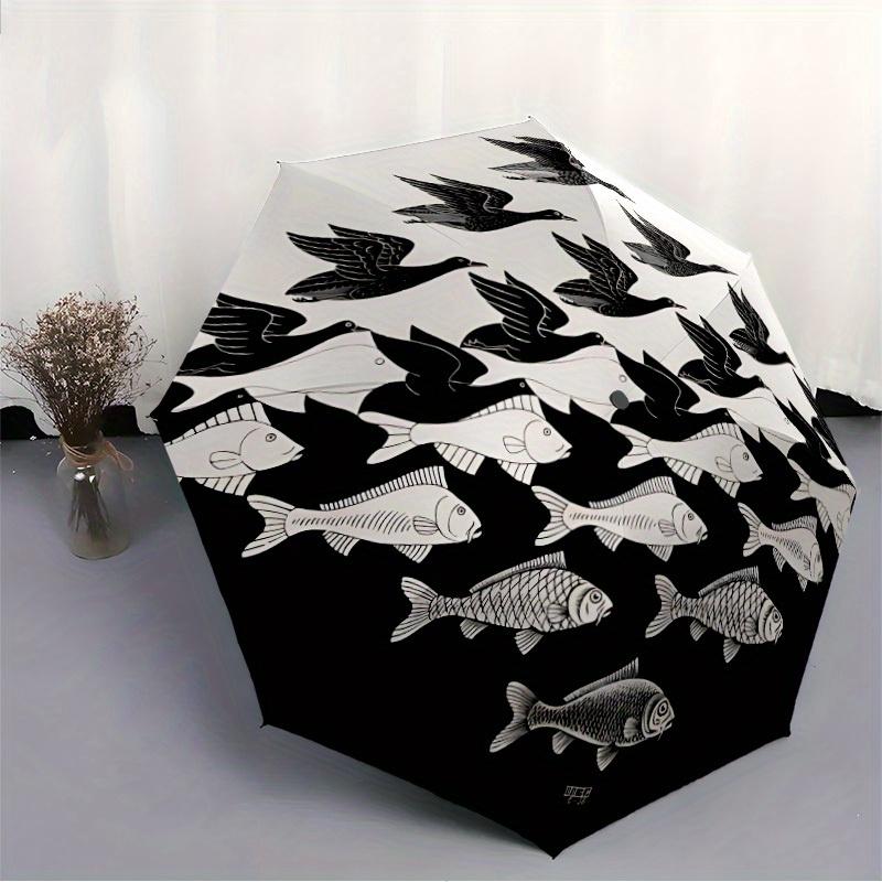 1pc Birds Fishes Automatic Open/close Folding Compact Umbrella, 8-Rib Sturdy Canopy, Lightweight Portable, Everyday Use, Gift, Outdoor Umbrella, Trave