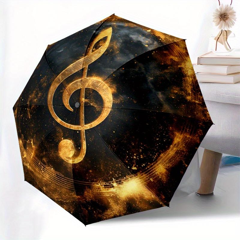 Golden Treble Clef Music Symbol Wall Art Print Poster Umbrella, Cute Umbrella with Cute Design, Portable 3-Fold Compact Umbrella for Men & Women, Vale