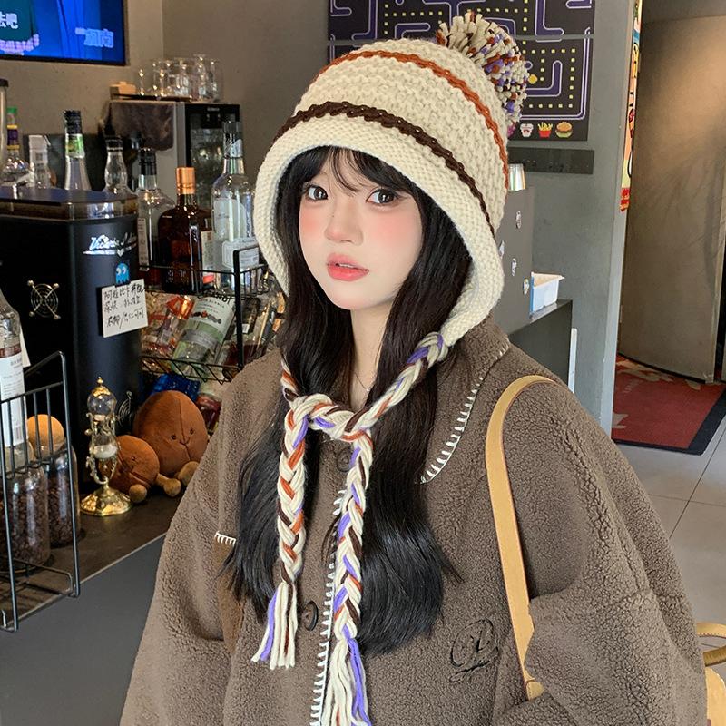 Rainbow Stripe Knitted Hat Women's Autumn and Winter Warm Ear Protector Strap Pullover Hat Student Versatile Wool Hat Tide