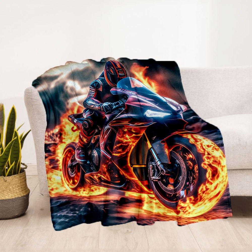 "Flaming Speed: Motorcycle Art Print - Ignite Your Space!"Blanket Flannel Throw Blanket for Sofa, Bed, Travel, Camping, Office, Couch, Chair