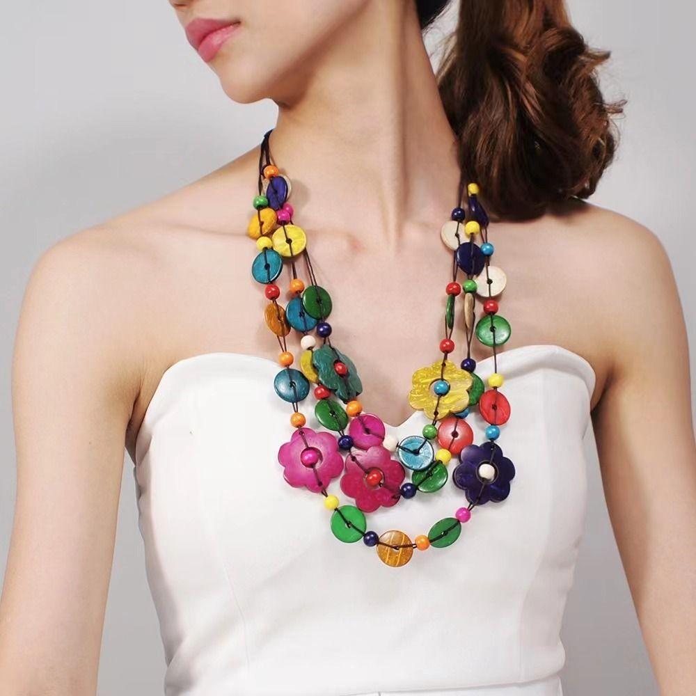 Multi Layer Colorful Petal Bead Necklace Wood Tassel Choker Flower Necklace  Street Style
