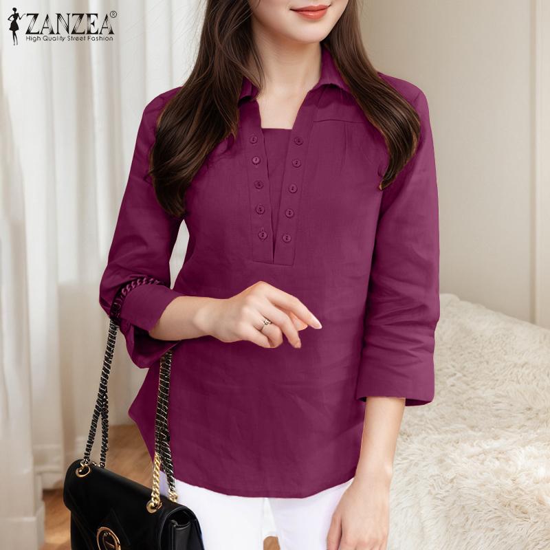 ZANZEA Женская блузка с отложным воротником, однотонная, повседневная, с рукавом 3/4