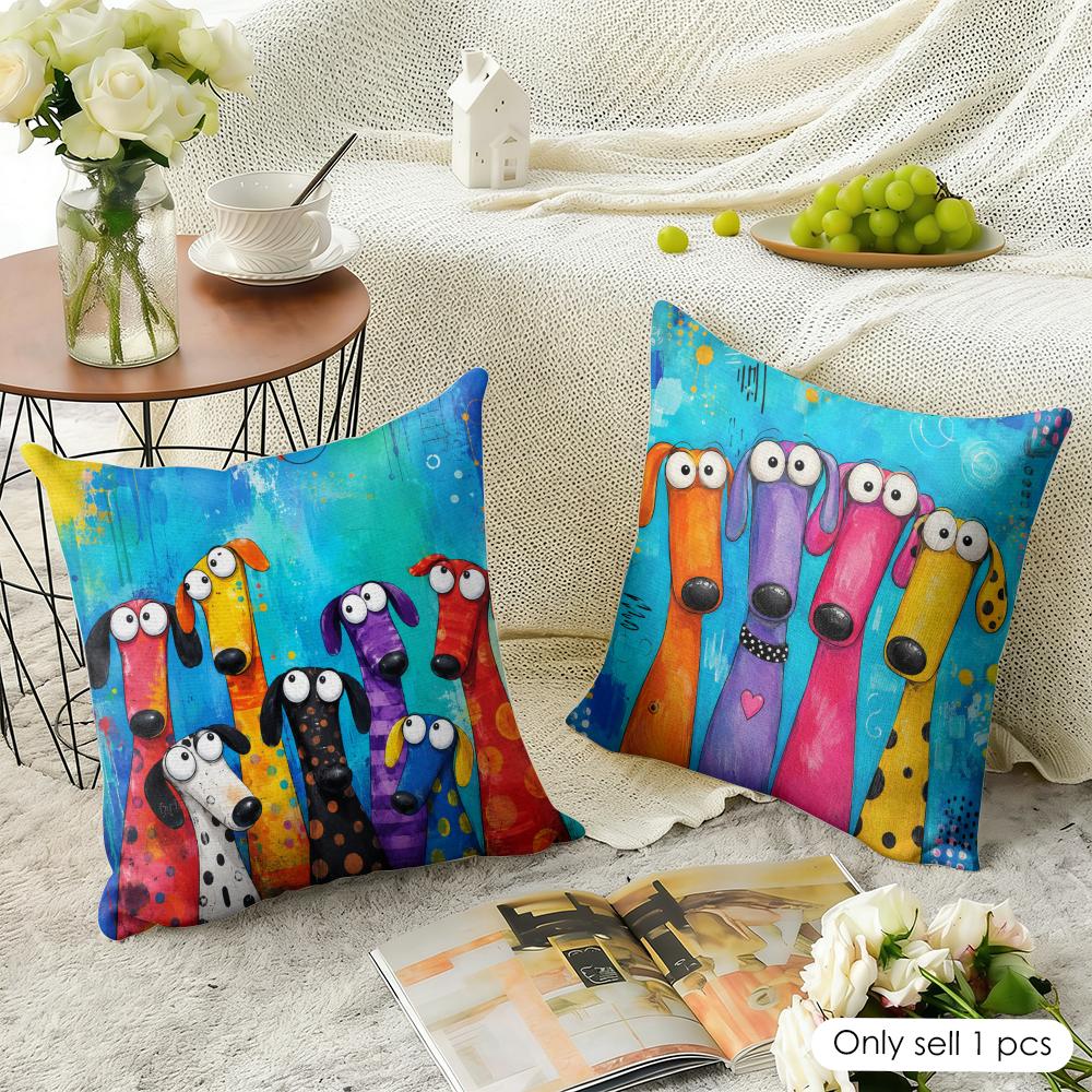 Funny Colorful Whimsical Dog Cushion Cover Natural Linen Organic Fabric Double-Sided Printing Breathable Perfect For Home Decor