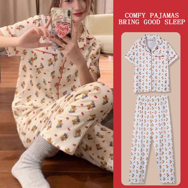 Girly heart bursting cute rabbit print pajamas women's summer short-sleeved trousers cardigan loose loungewear set thin
