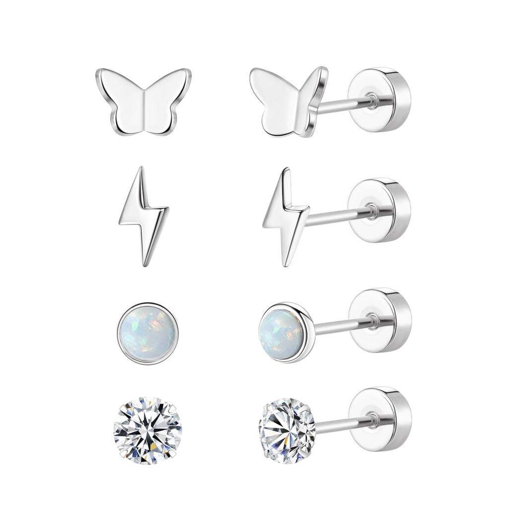 4 Pairs CZ & Opal Flat Back Earrings for Women & Men, Hypoallergenic Earrings for Sensitive Ears, Screw Back Cartilage Earrings