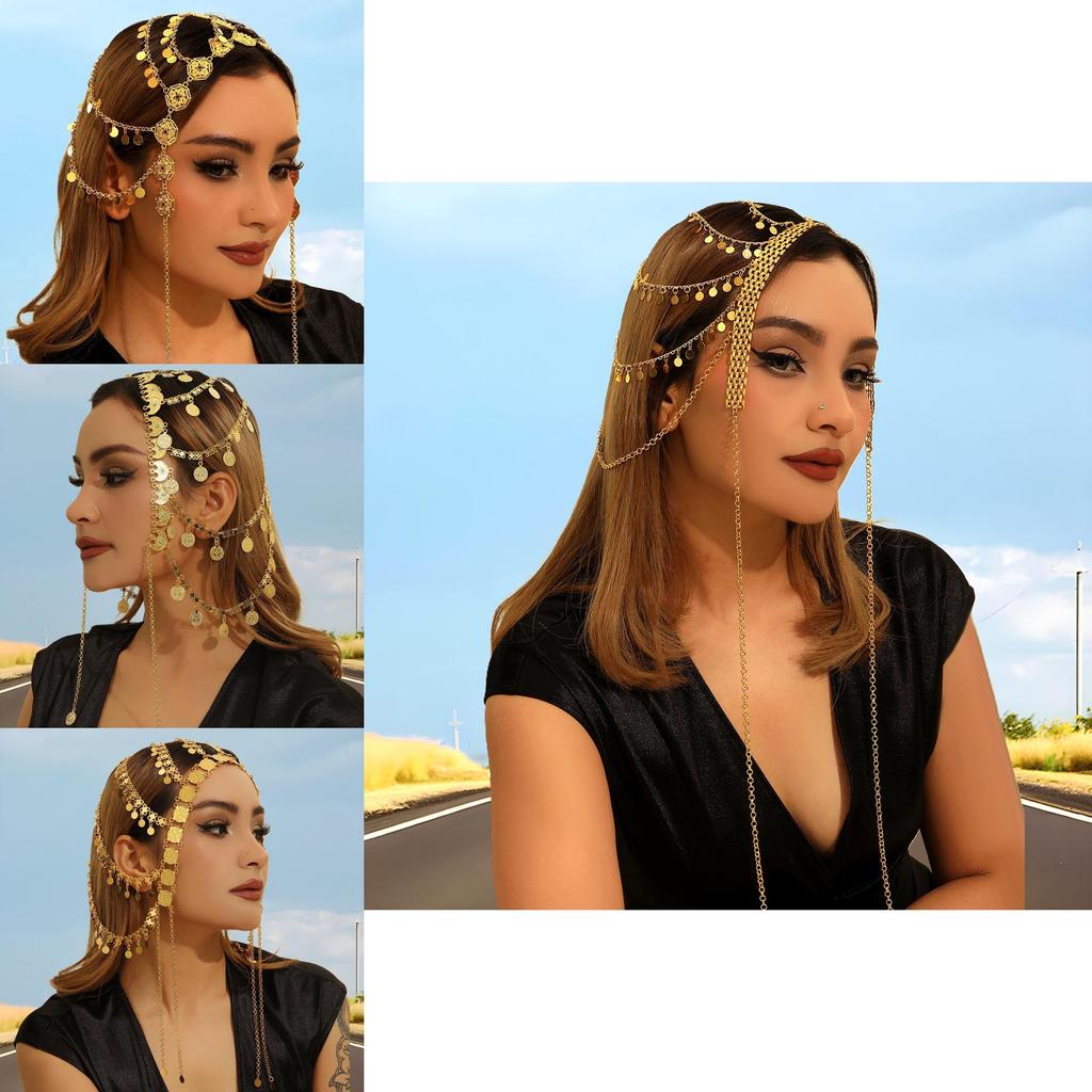 Middle Eastern Style Golden Headpiece With Tassels And Coin For Womens Winter Travel