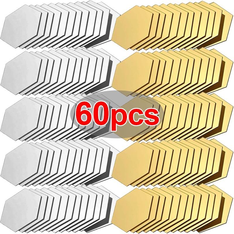 60/6 шт. Шестигранные зеркальные настенные наклейки, самоклеящиеся съемные настенные наклейки, золотые, серебряные, мозаичные плитки, наклейки для спальни, домашнего декора