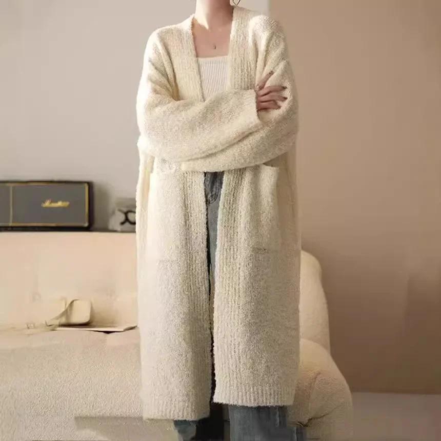 Medium Long Knitted Cardigan Looped Yarn Girl Autumn Winter Style Loose Soft Lazy Sweater Jacket Trend