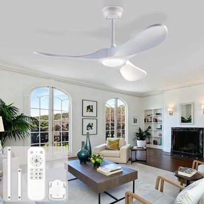 42-inch Ceiling Fan with Lighting and Remote Control, White Solid Wood Blades, 3CCT, Dimmable, Reversible, 6 Speed Settings, and Timer Memory Function