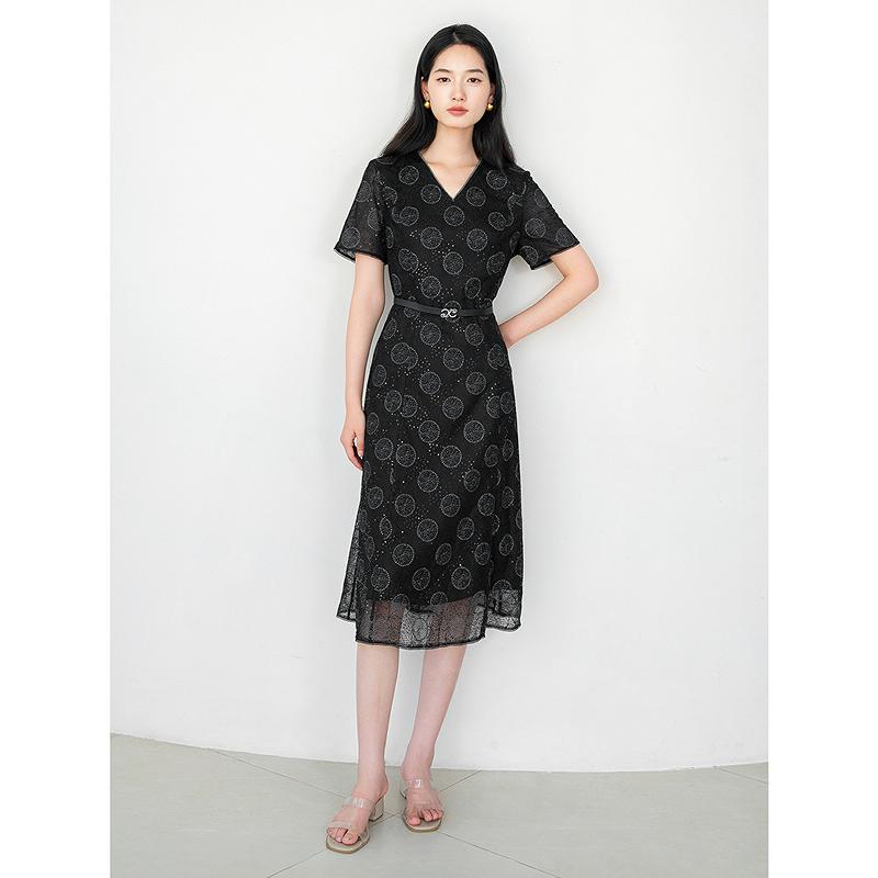 JUZUI Elegant Light Mature Wind Embroidered Glitter Waist Dress Women's Summer New Style