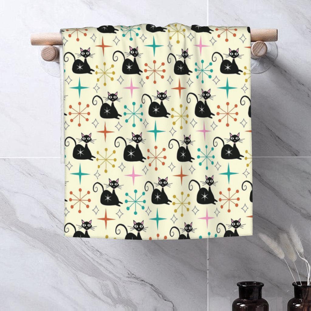 Mid Century Black Atomic Cat with Starbursts Soft Face Towel Quick Dry Pool Bath Cotton Towels Absorbent