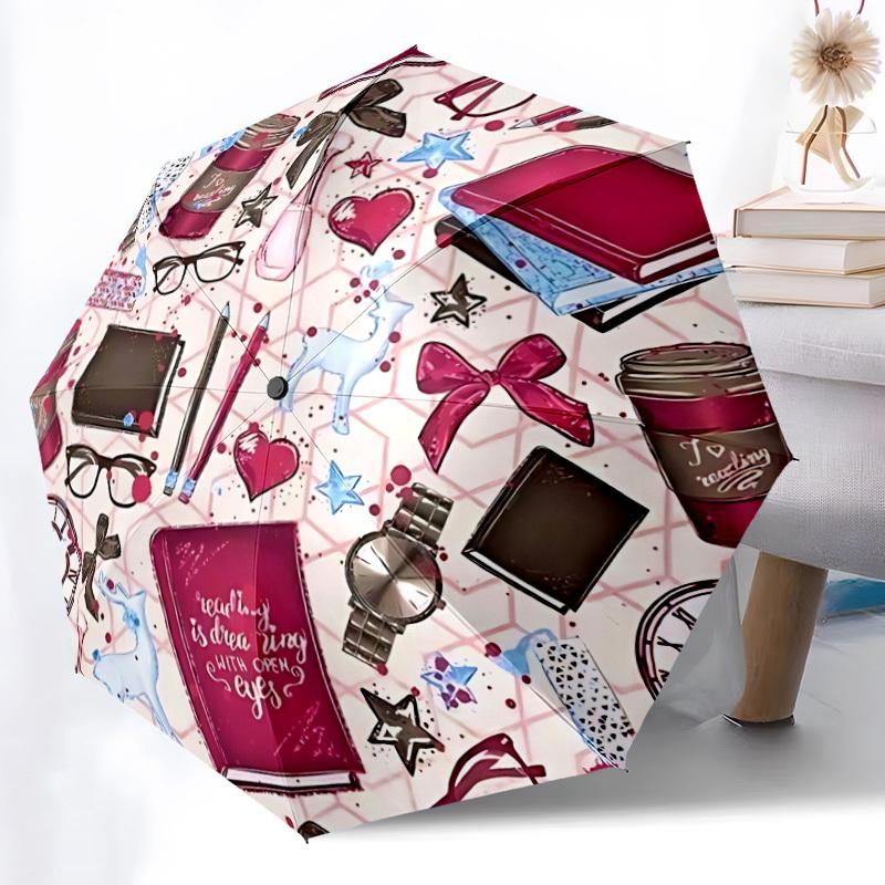 1pc Book Print Automatic Opening/Closing Umbrella with Operation & Windproof Canopy yy260311021