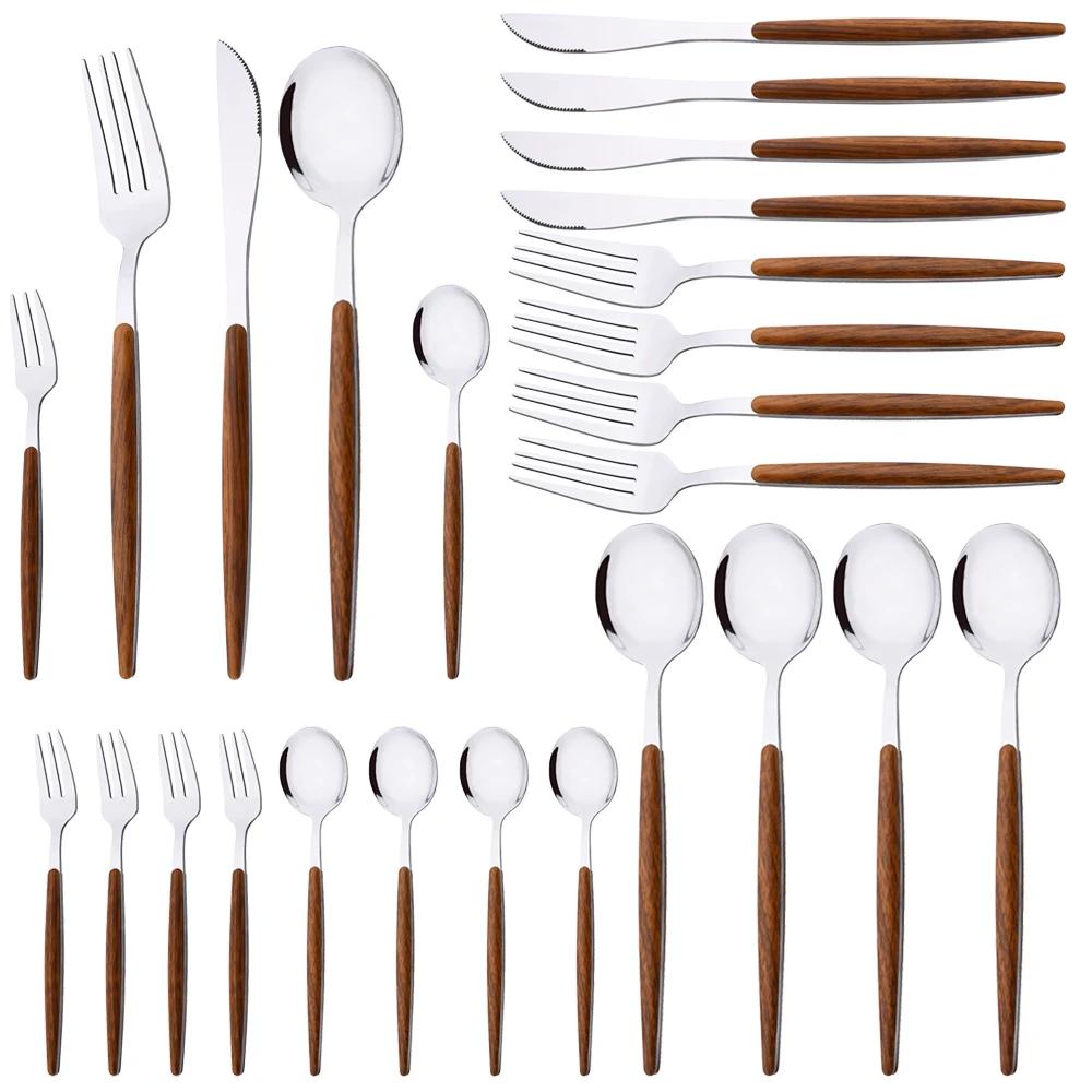 20 шт. Столовые приборы из нержавеющей стали с имитацией деревянной ручки, столовая посуда, нож, кофейная ложка, чайная вилка, набор столовых приборов, посуда