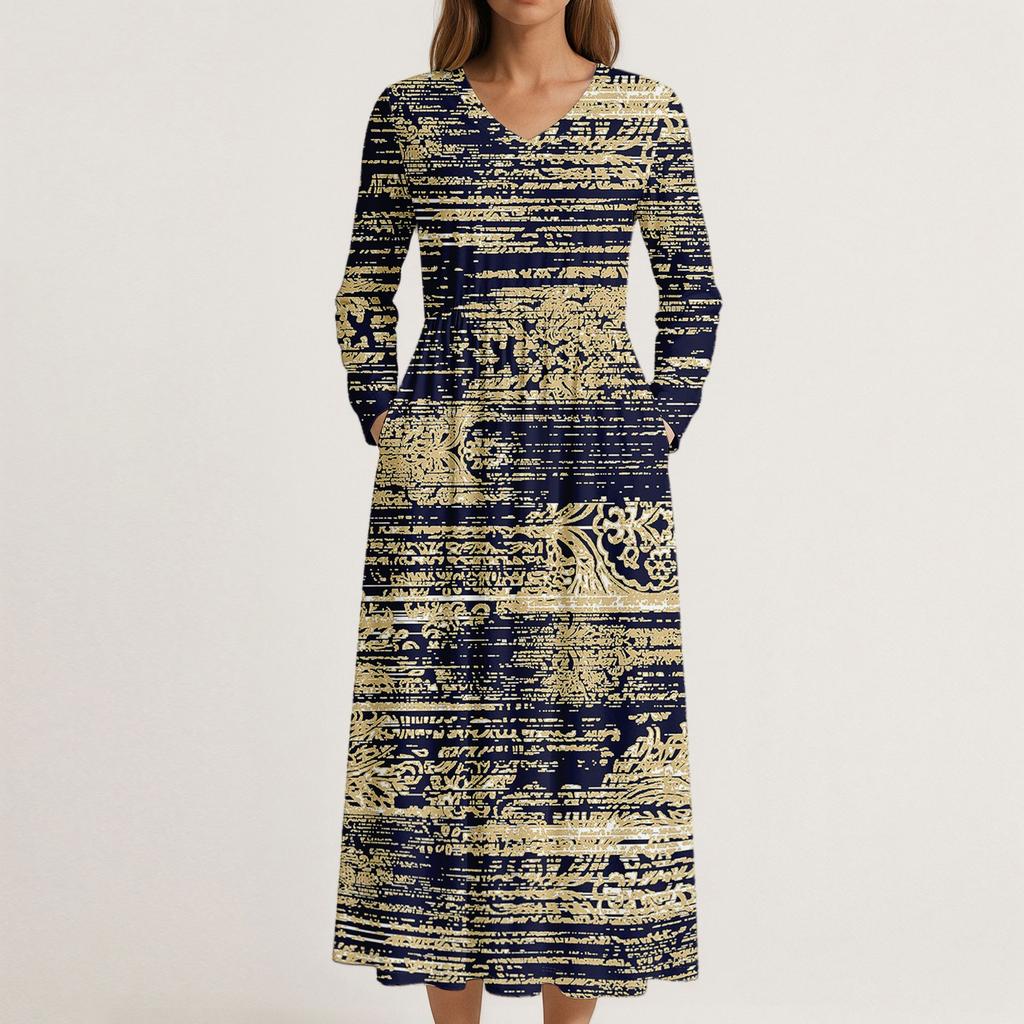 Платье для женщин длинное бохо пляжное платье элегантное макси-платье V-образный вырез длинный рукав платье с карманами