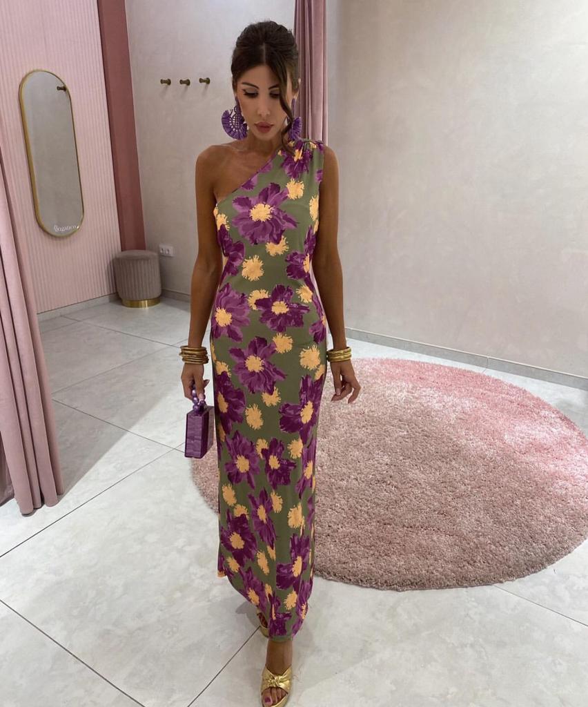 Модное платье с принтом на одно плечо для европейских и американских женщин