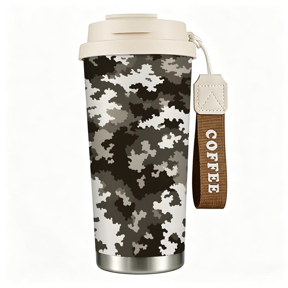 Camouflage Print Vacuum Insulated Coffee Tumbler Stainless Steel Travel Mug Spill Proof Cup for Hiking Outdoors Commuting