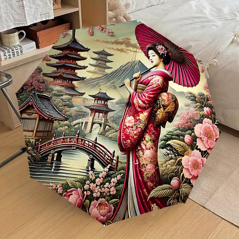1PC Geisha Blossoms Automatic Folding Umbrella - Compact 8-Rib Design, Durable Plastic & Iron, Lightweight for Outdoor Daily Use, Festive Gift062