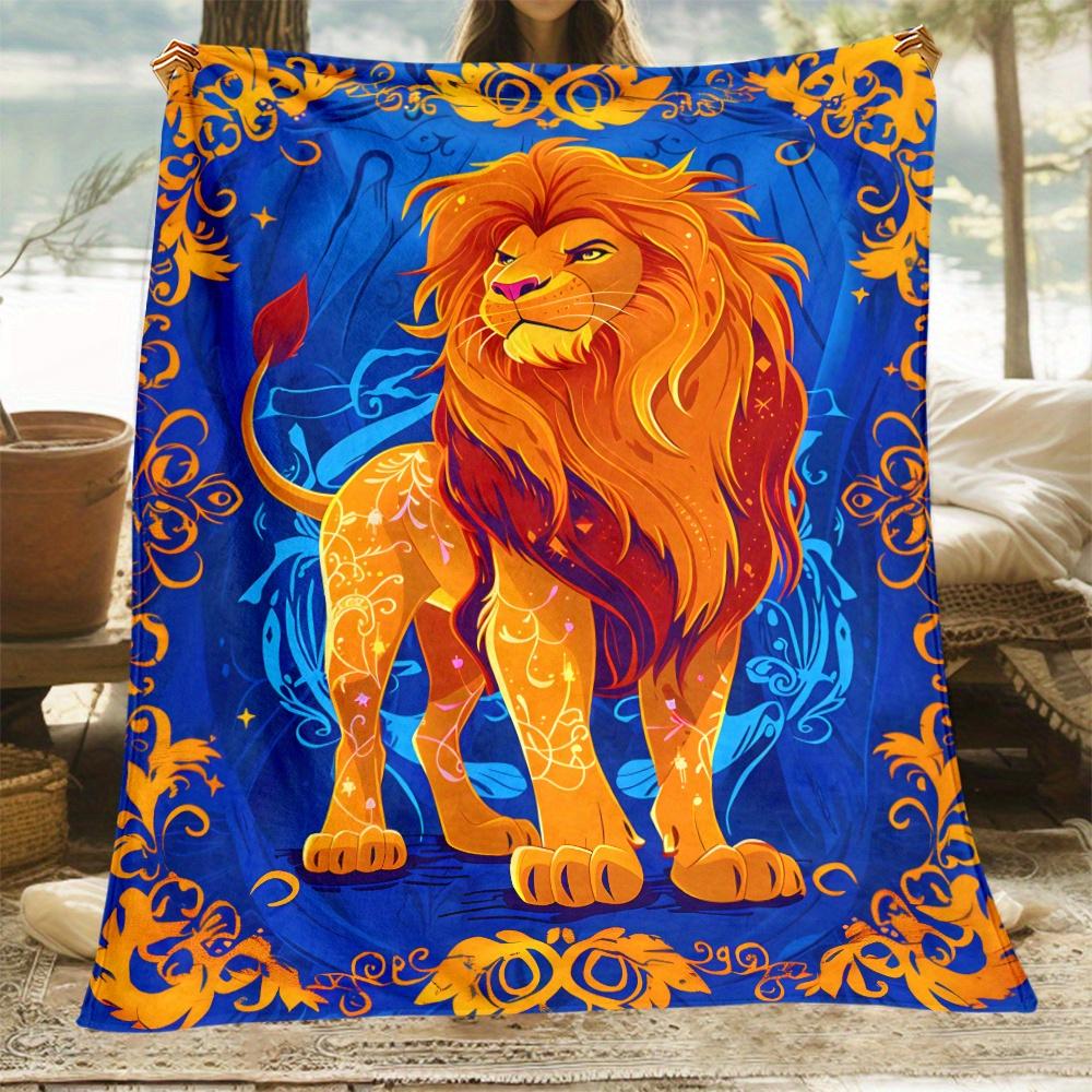 Lion King Blue GoldOrnate Fleece Blanket Majestic Animal Art Soft Throw Blanket Royal Decor Gift for Lion Fans and Animal Lovers