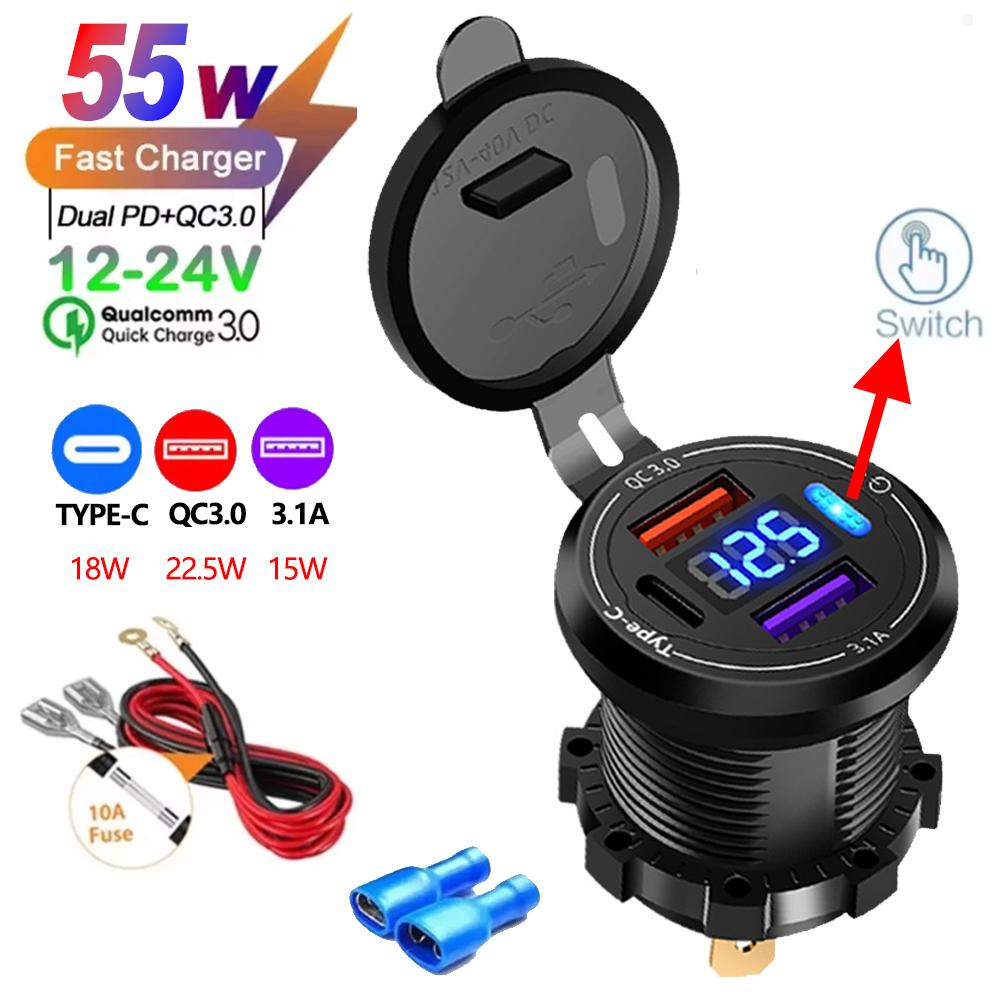 PD+QC3.0 Fast Charging USB Car Charger Socket with Voltmeter, Aluminum Alloy Waterproof Power Outlet