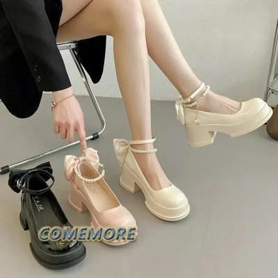 Модная женская классическая обувь Мэри Джейн на толстой платформе, туфли лолиты, вечерние туфли-лодочки, весенне-осенние, новые, на высоком каблуке, сандалии, с бантом, с цепочкой, женская обувь