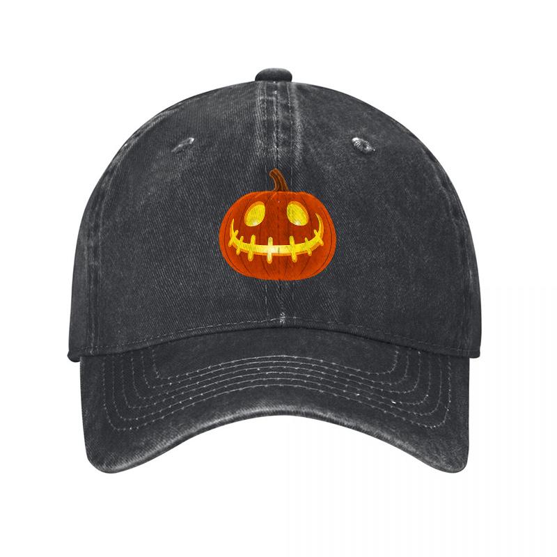 Halloween Pumpkin Patch Washed Canvas Baseball Cap Embroidered Jack O Lantern Hat for Unisex Women