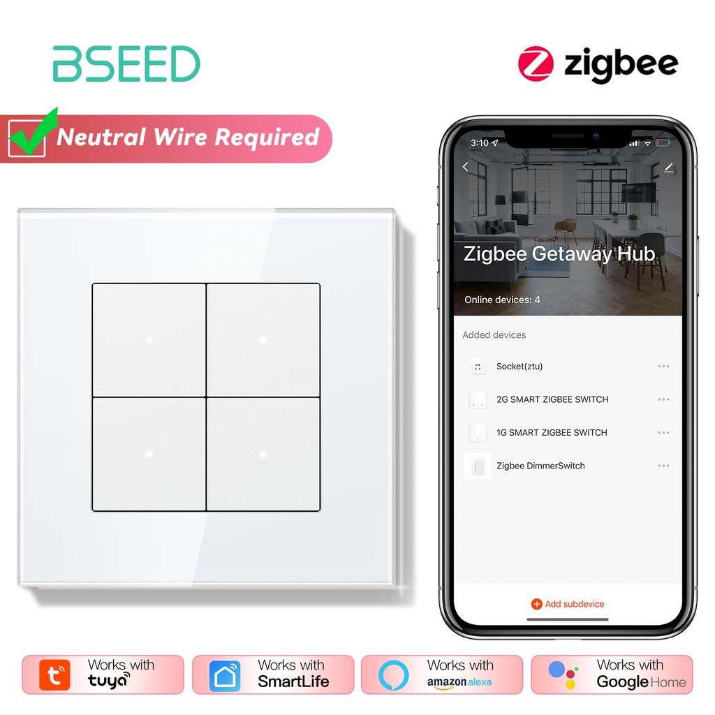 BSEED ZigBee Выключатели Настенные Умные Щелчковые Выключатели Света Желтая Подсветка Стеклянная Рамка Приложение Tuya Выключатель EU Настенные Розетки с USB