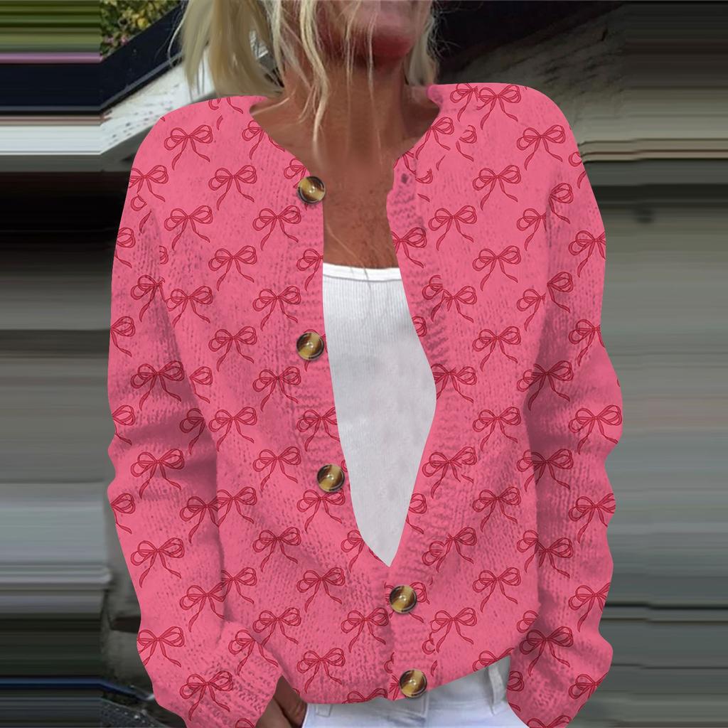 Женская мода с принтом банта, длинный рукав, вязаный кардиган, куртка на пуговицах