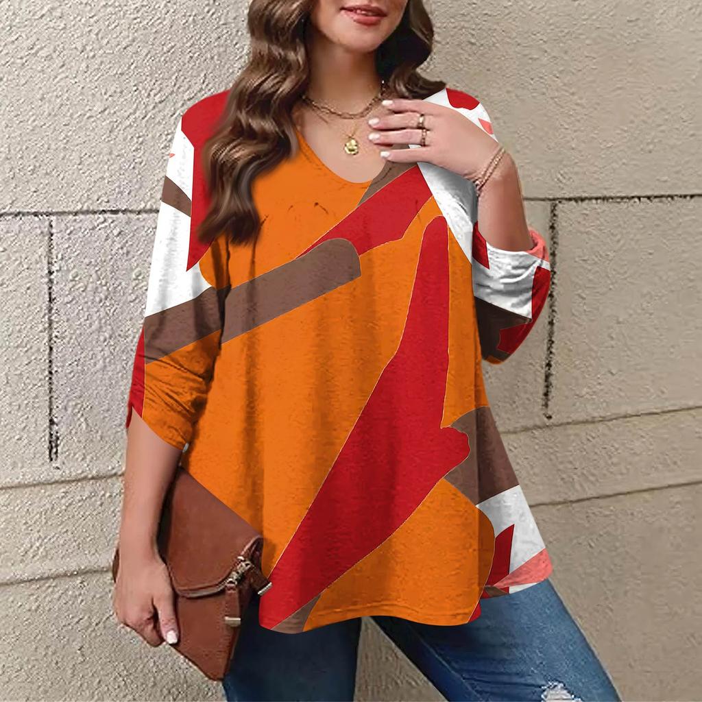 Women's Plus Size Fashion Printed Casual Pleated Round Neck Long Sleeve Top