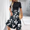 Women's Fashion Casual Belt Short Sleeve Round Neck Floral Elegant Temperament Dress