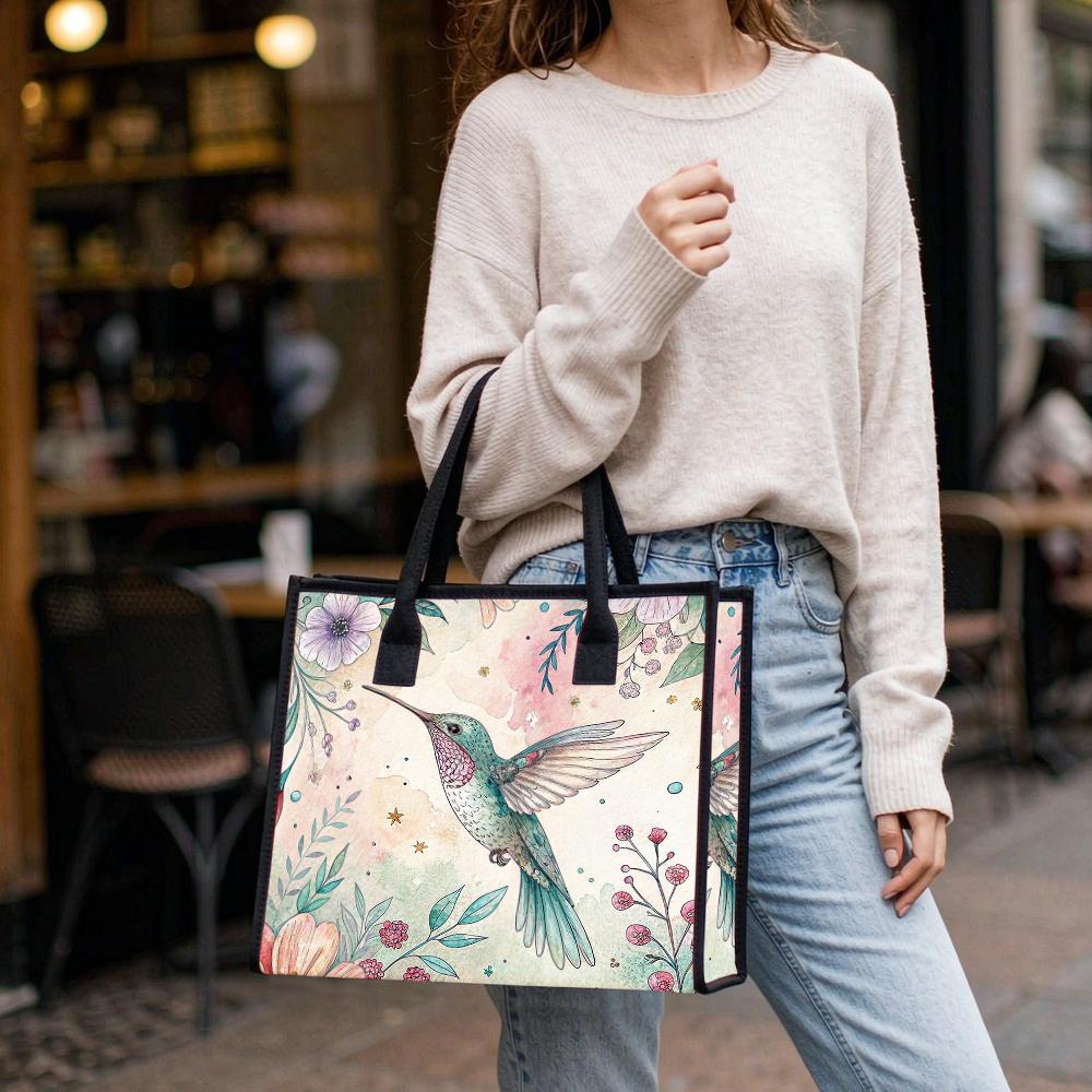 Floral Hummingbird Print Fashion Tote Bag Casual Large Capacity Shopping Handbag for Daily Commute
