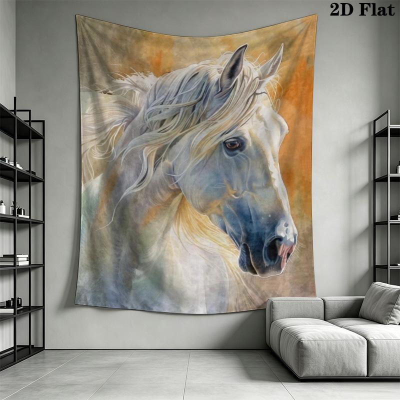 Watercolor White Horse Tapestry, Soft Painting Horse Portrait Art Print Wall Hanging for Bedroom Living Room Decor