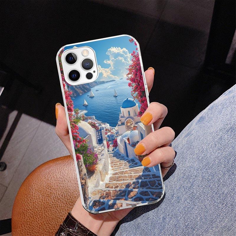 Греция Летом Санторини Чехол для Телефона Для iPhone 17 Air 16 Pro Max 16E 15 + 14 Plus 11 12 13 Mini 7 8 SE Подарок Печатная Крышка Fundas