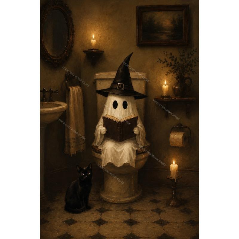 Ghost Canvas Gallery Wall Prints Starry Night Pumpkin Witch Dog Wall Art Dark Moody Halloween Farmhouse Holiday Home Decor Gift