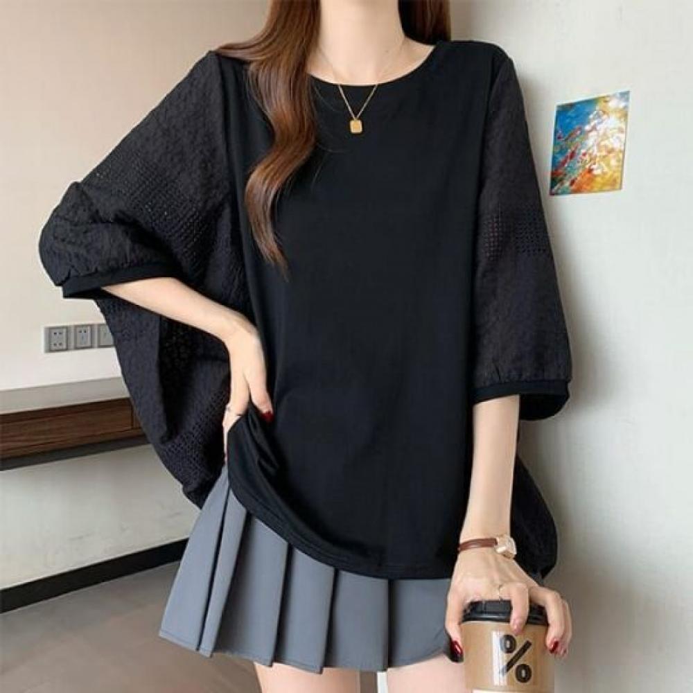 Navava Women Lace Loose FiT Round Neck ShorT Sleeve T shirT nT2753