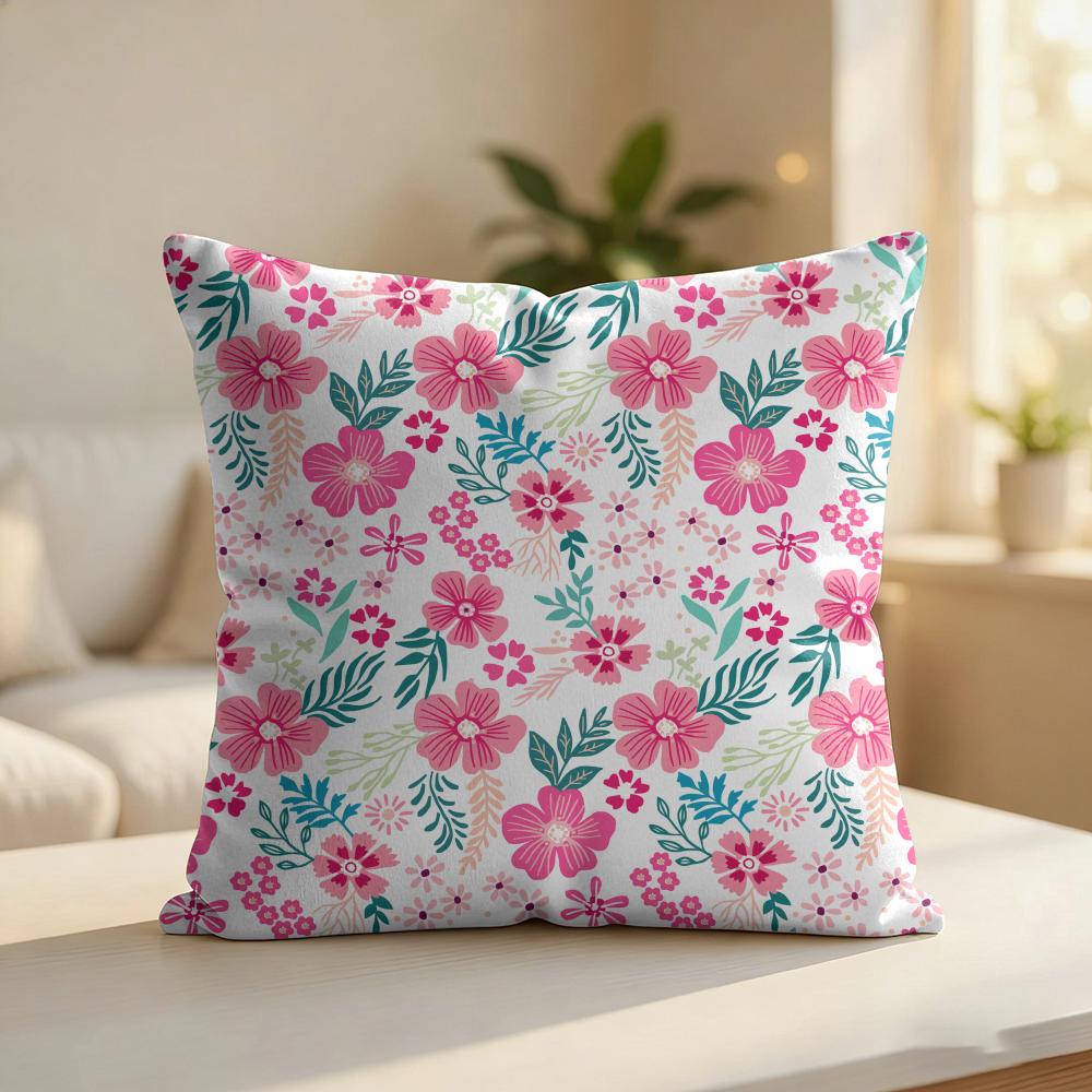 Pink Floral Pattern Cushion Cover Silky Short Plush Invisible Zipper Dustproof Sofa Pillow Case For Home Decor