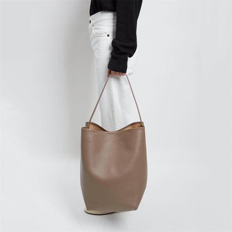 New Genuine Cowhide Bucket Bag, Premium Women Single Shoulder Tote Bag, Large Capacity OL Commuter Leather Handbag
