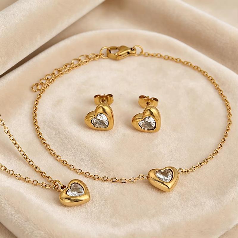Minimalist Inlaid Zircon Love Heart Jewelry Set 3 In 1 Stainless Steel Silver Gold Women Dating Party Stackable Jewelry Kits