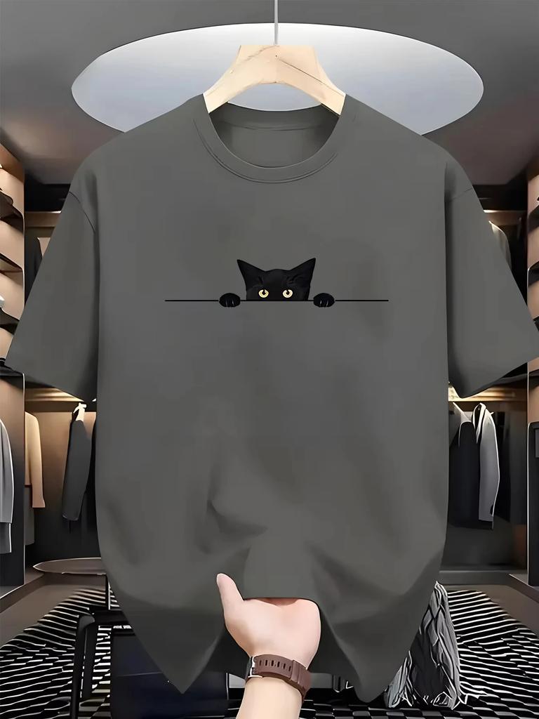 2025 Мужская летняя 100% хлопок модная повседневная свободная футболка с принтом милого кота, с круглым вырезом и коротким рукавом