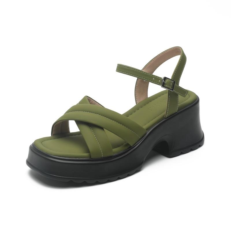 [Горчично-зеленый CHAO белый] Римские босоножки на платформе с толстым каблуком женские туфли на высоком каблуке с перекрестными ремешками и застежкой-пряжкой