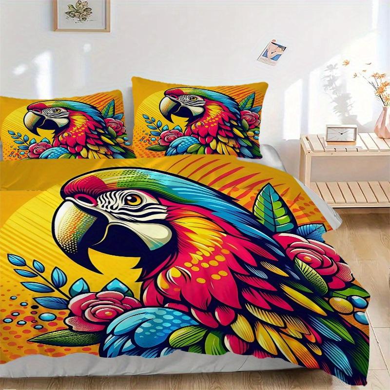 3pcs Parrot Flowers 1Cover + 2Pillowcases, PillowInserts NotIncluded, Machine Washable, All - Season Use, Suitable for Bedroom Guest Room60