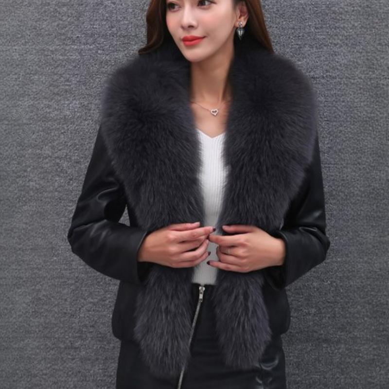 Женская короткая шуба с воротником из искусственного меха лисы, зимняя куртка из искусственной кожи