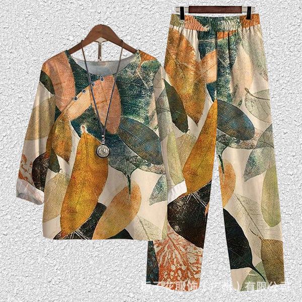 Europe beautiful women casual suit popular fashion summer new five-quarter sleeve printed top pants two-piece set