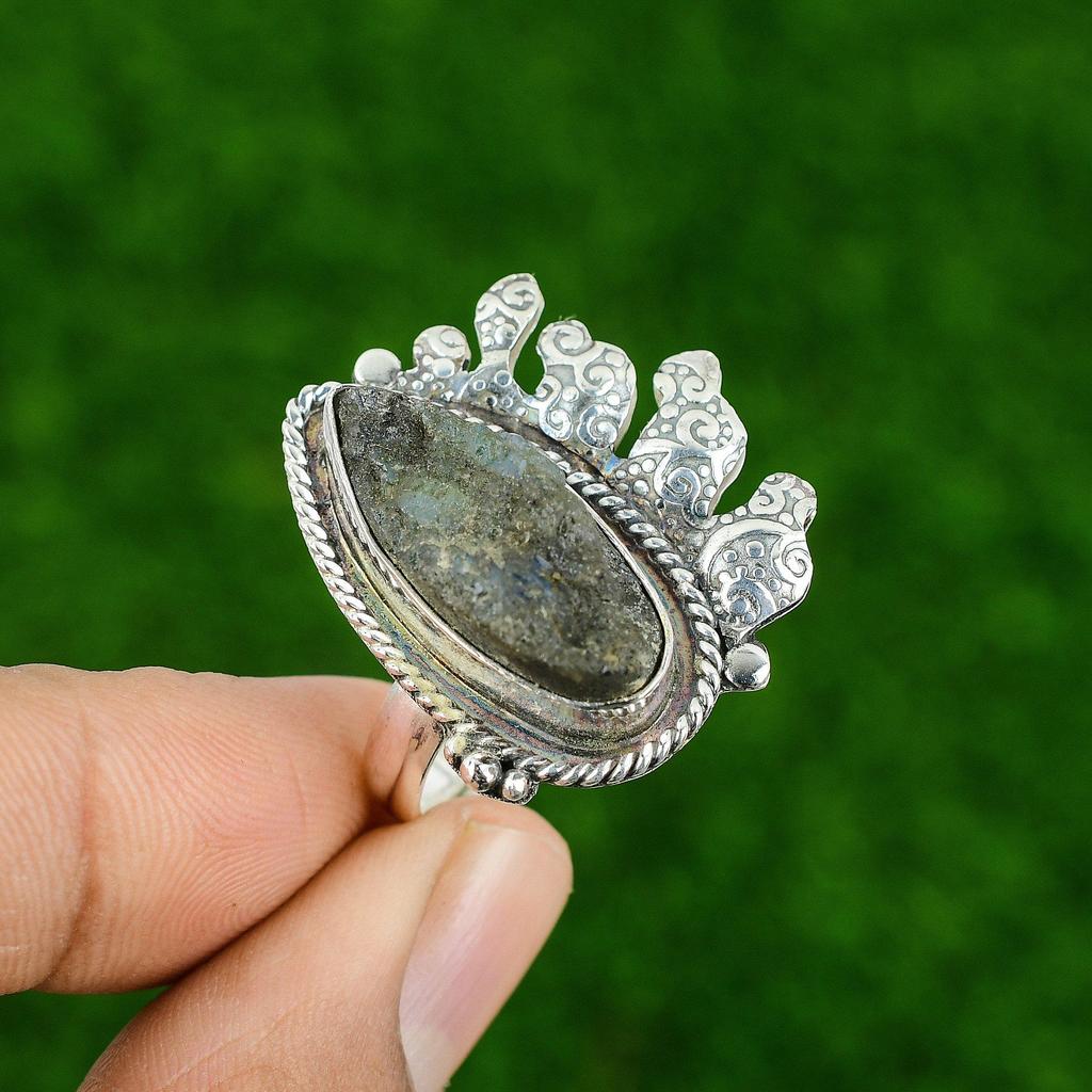 Gift For Her 925 Silver Natural Labradorite Rough Stackable Adjustable Ring
