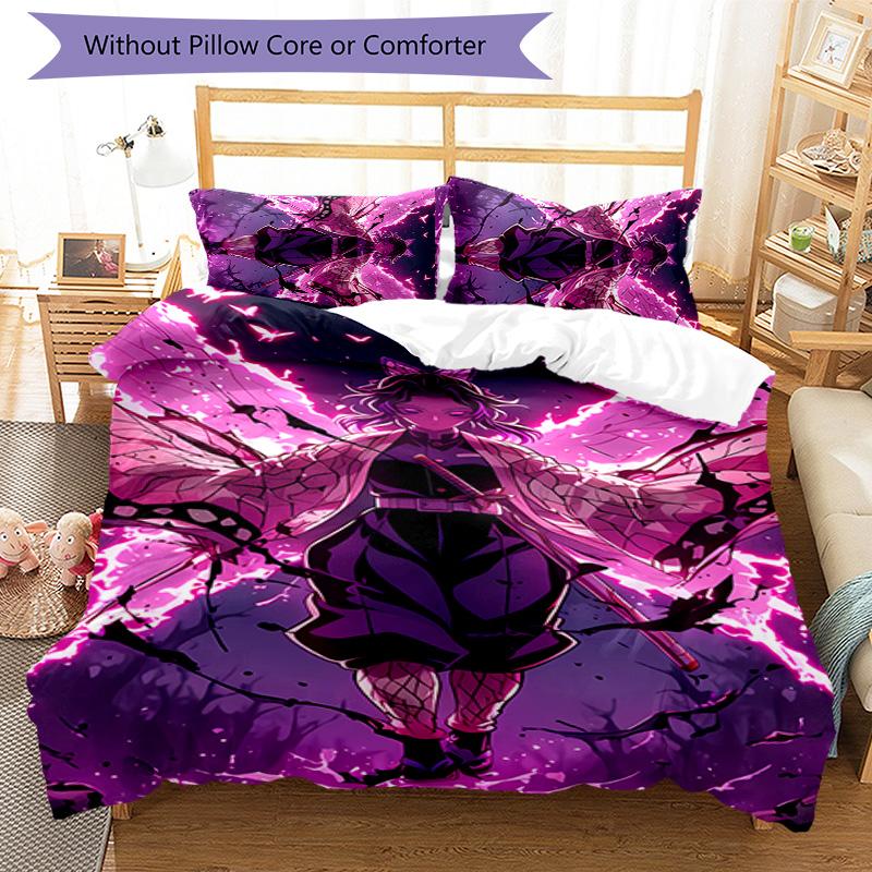 3pcs Demon Slayer Shinobu Kocho pattern bedding set duvet cover set includes duvet cover &pillowcases, perfect all season bedroom decoration & gift