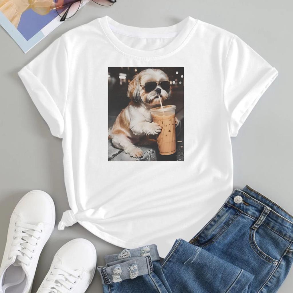 Funny Shih Tzu T-shirt Drinking Iced Coffee Dog Lover 100% Cotton Graphic Tee