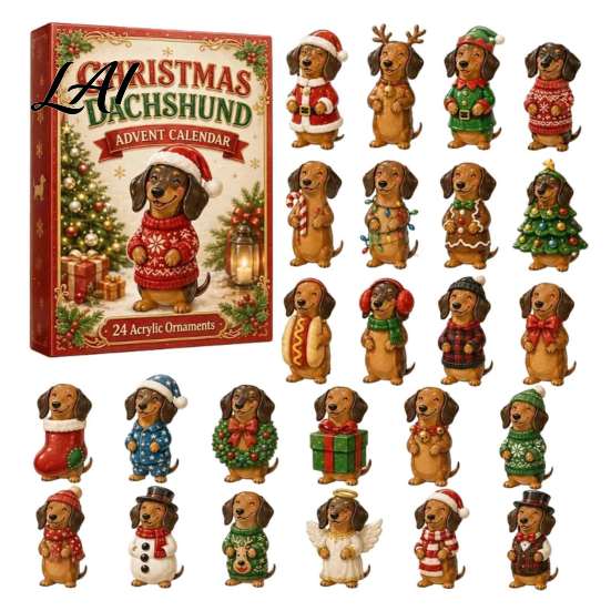 Decorative Dog Statue for Desk 2026 Dachshund Advent Calendar 24 Days Collectible Surprises with 2D Christmas Countdown Surprise Toys Festive