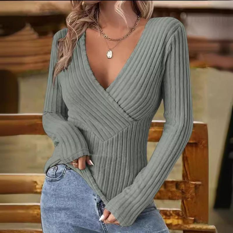 Женские свитера и футболки с длинными рукавами Slim Fit, универсальные, с большим V-образным вырезом, эластичные, трикотажные, с длинным рукавом, в полоску